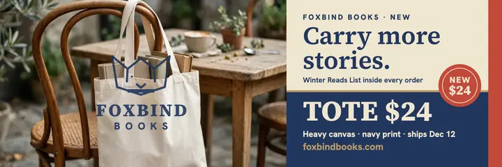 Foxbind Books tote launch header template