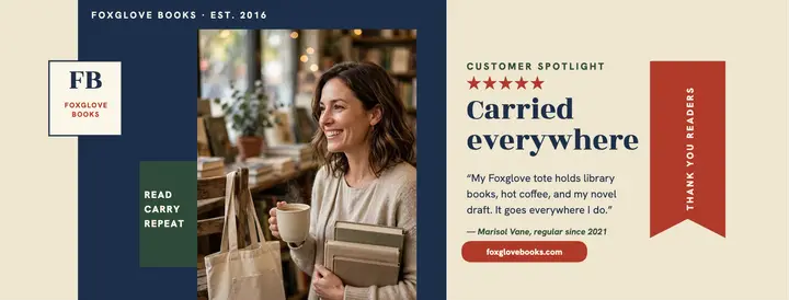 Foxglove Books tote review cover: bookshop review cover template