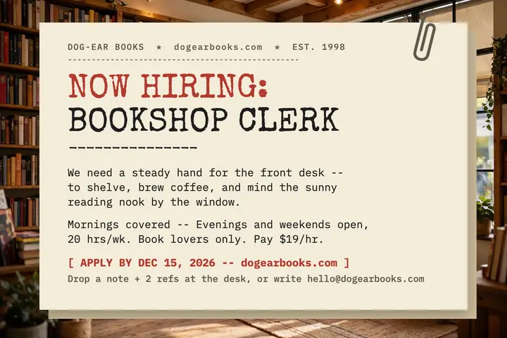Dog-Ear Books typed hiring postcard template