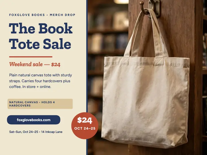 Foxglove Books canvas tote sale slide template