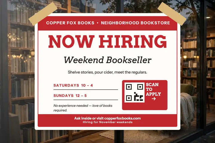 Copper Fox Books now hiring window postcard: bookstore hiring postcard template