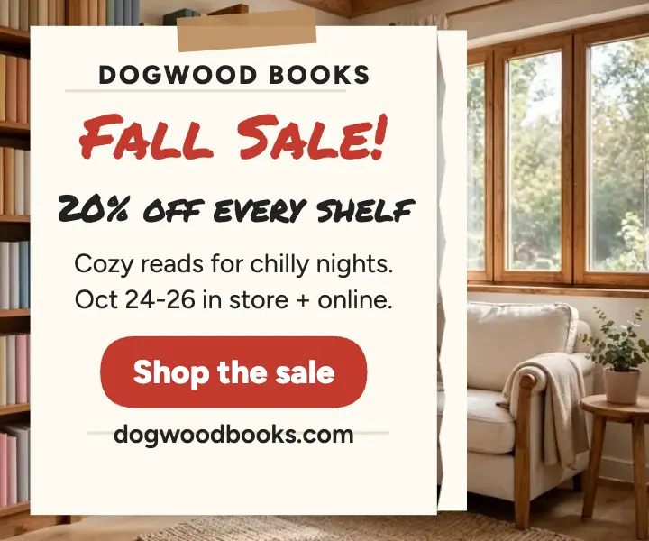 Dogwood Books fall sale teaser note ad template