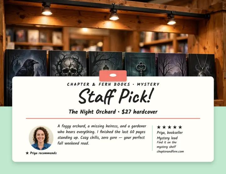 Night Orchard staff pick flyer, Chapter and Fern template