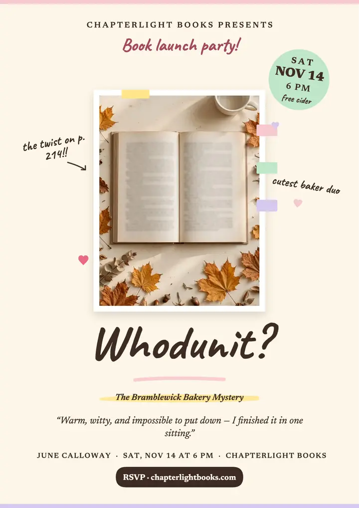 Bramblewick Bakery cozy mystery launch flyer template