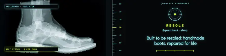 Quenlast Bootworks resole workshop banner, x-ray glow template