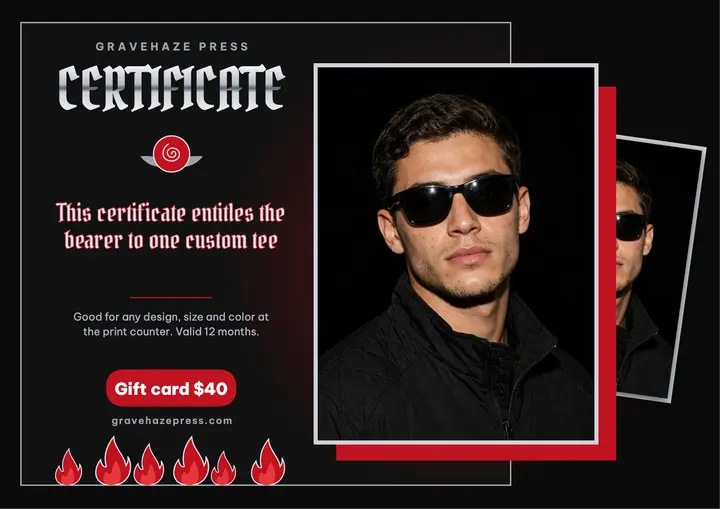 Custom tee gift certificate, bootleg tee template