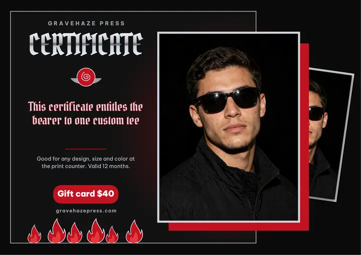 Custom tee gift certificate, bootleg tee template