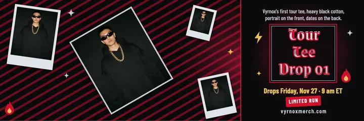 Tour tee drop header, bootleg rap merch template