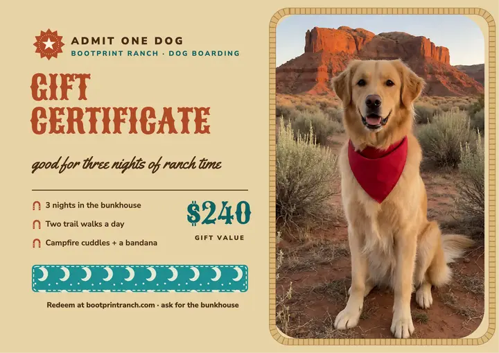 Bootprint Ranch dog boarding gift certificate, western rodeo template