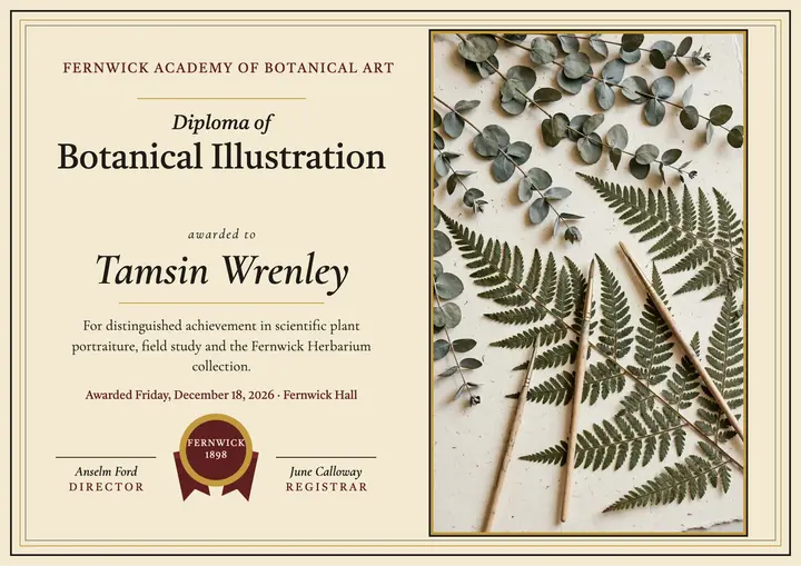 Fernwick botanical art diploma certificate template