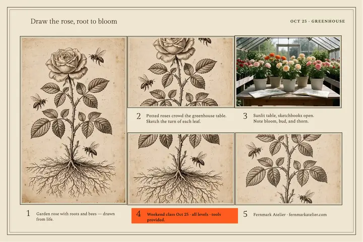 Fernmark rose drawing weekend postcard: drawing class postcard template