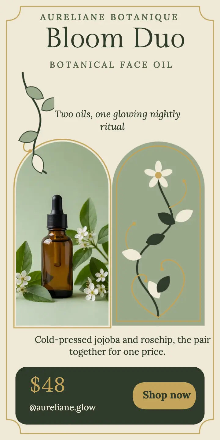 Aureliane Bloom Duo face oil half-page ad, art nouveau template