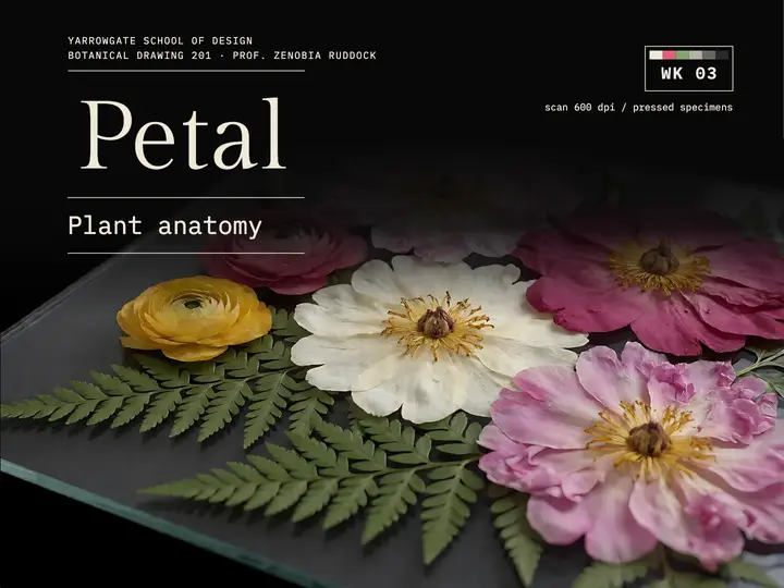 Botanical illustration course title slide, scanography template