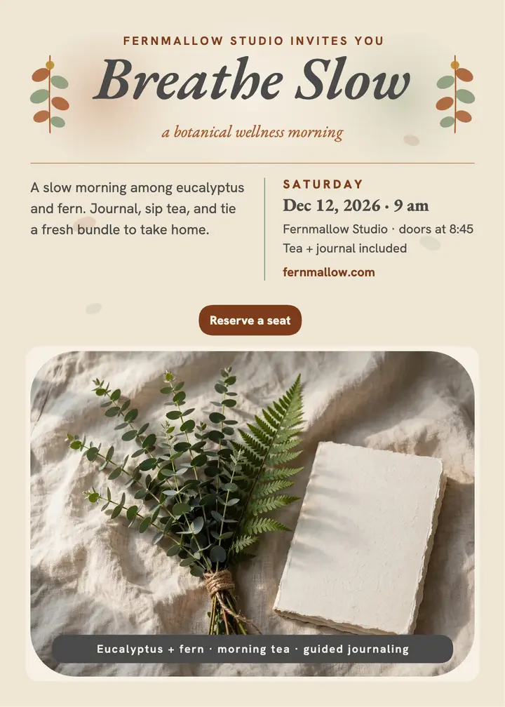 Fernmallow botanical wellness morning invite: wellness morning invitation template