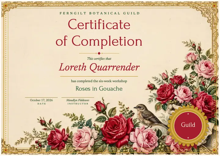Botanical painting workshop certificate, Victorian scrap template