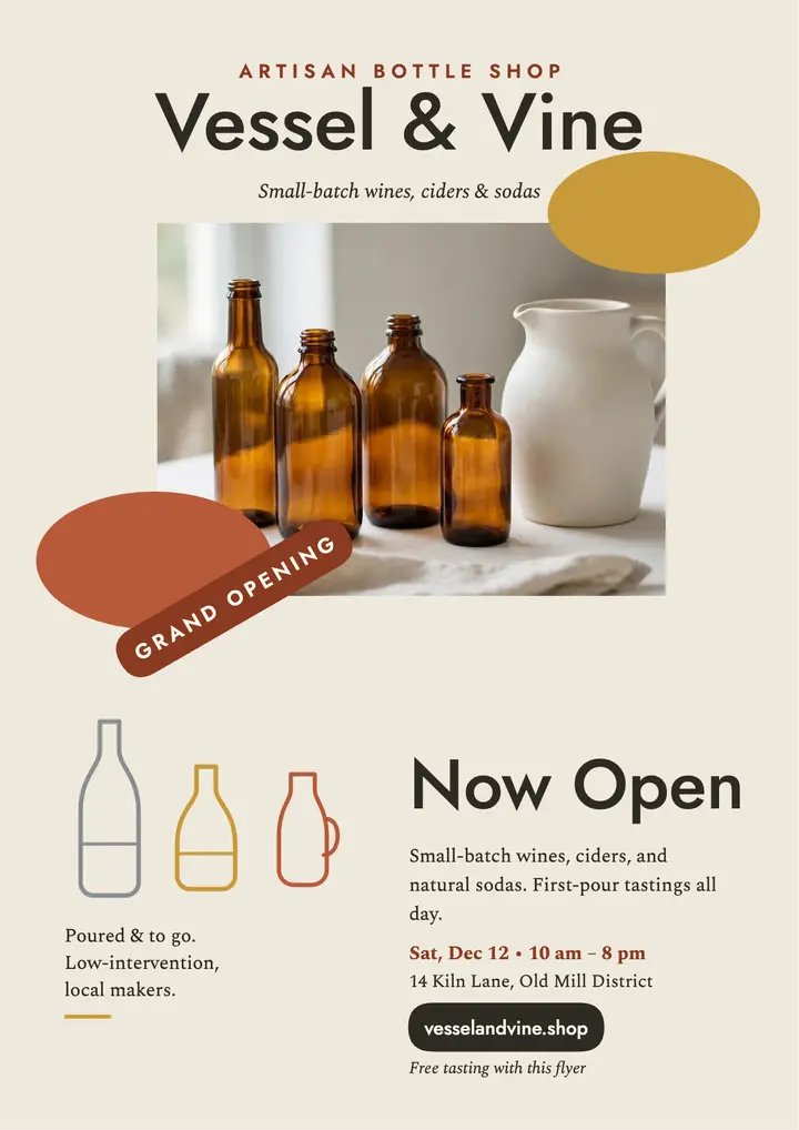 Vessel and Vine bottle shop opening flyer template