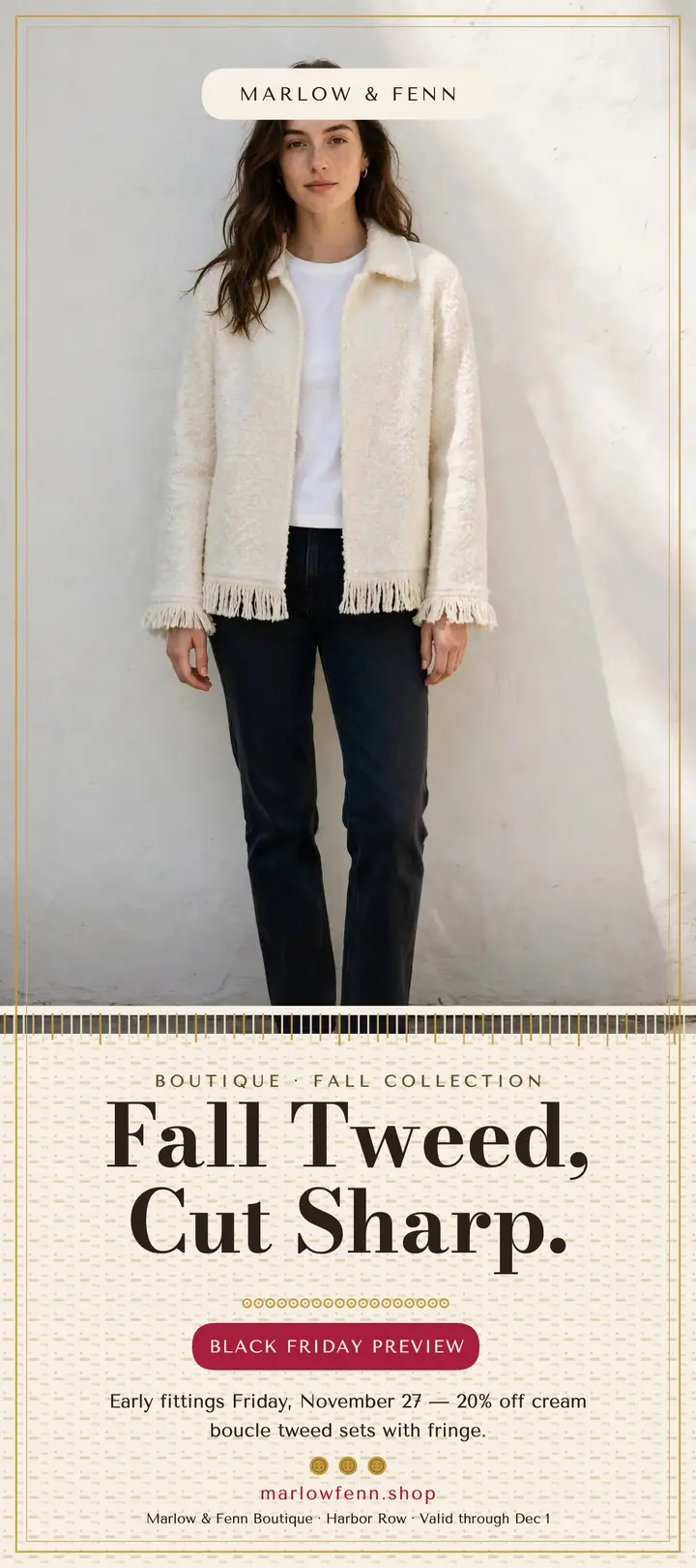 Marlow and Fenn fall tweed rack card template