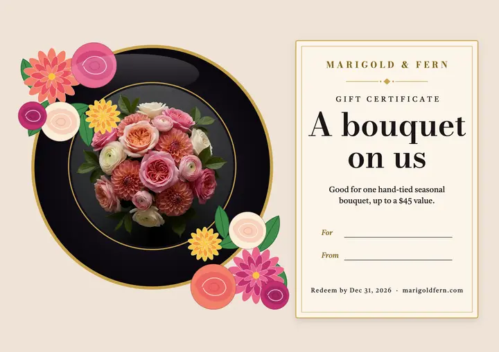 Bouquet gift certificate on a lacquer tray: florist gift certificate template