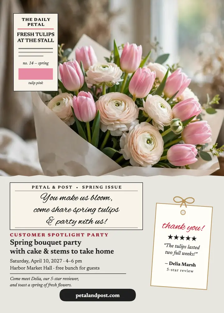 Petal spotlight party invitation, tulip bouquet: florist party invitation template