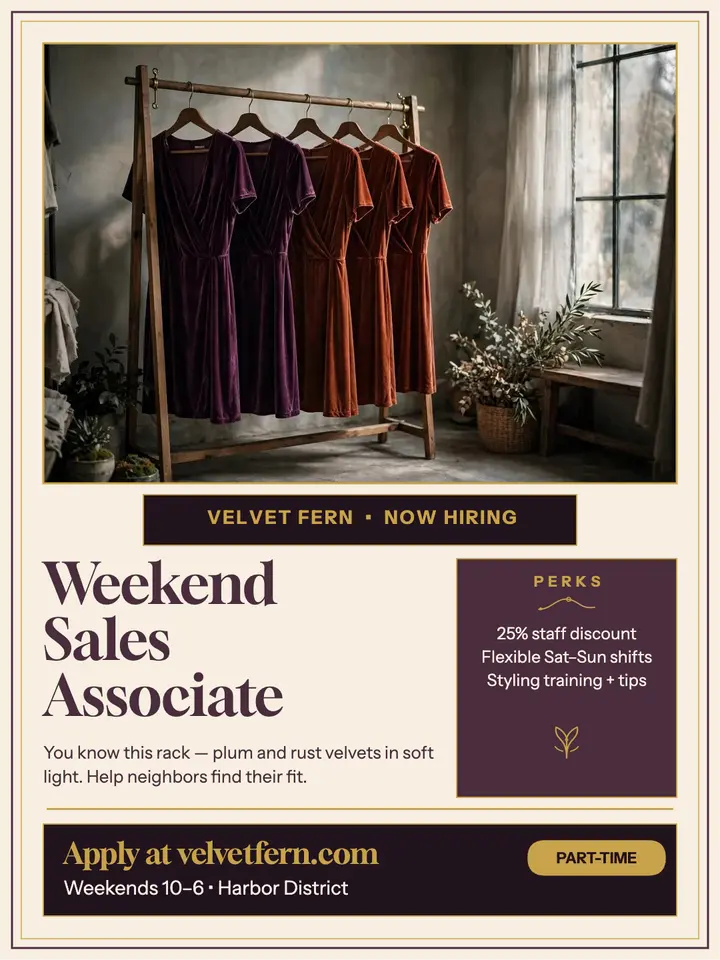 Velvet Fern weekend associate hiring post: boutique hiring post template
