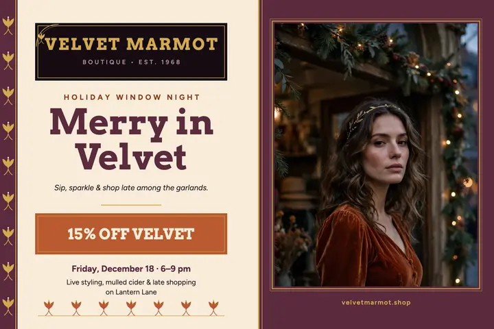 Velvet Marmot holiday window night postcard template