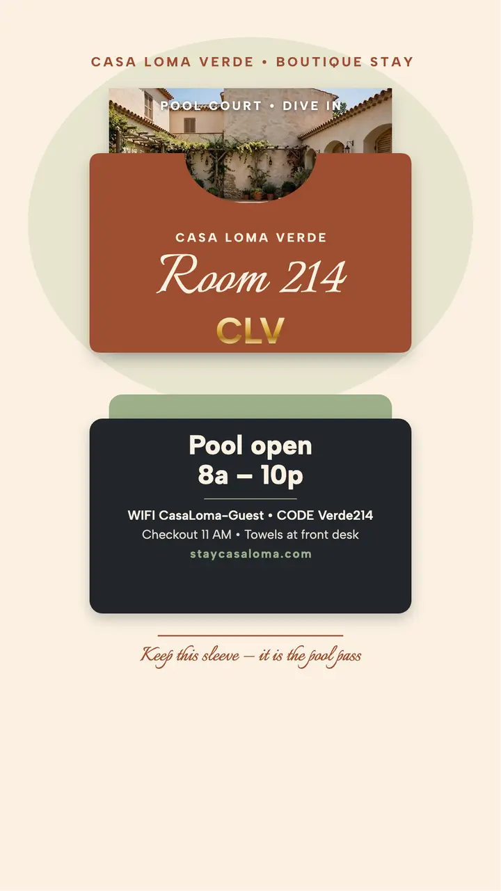 Casa Loma Verde pool key sleeve story template