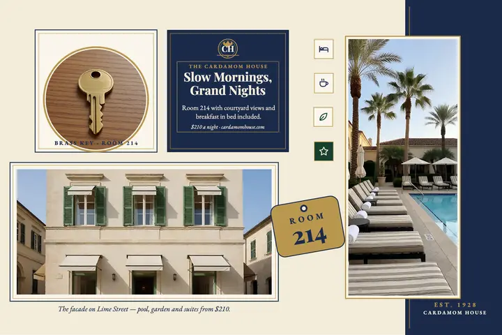 Cardamom House hotel stay postcard template