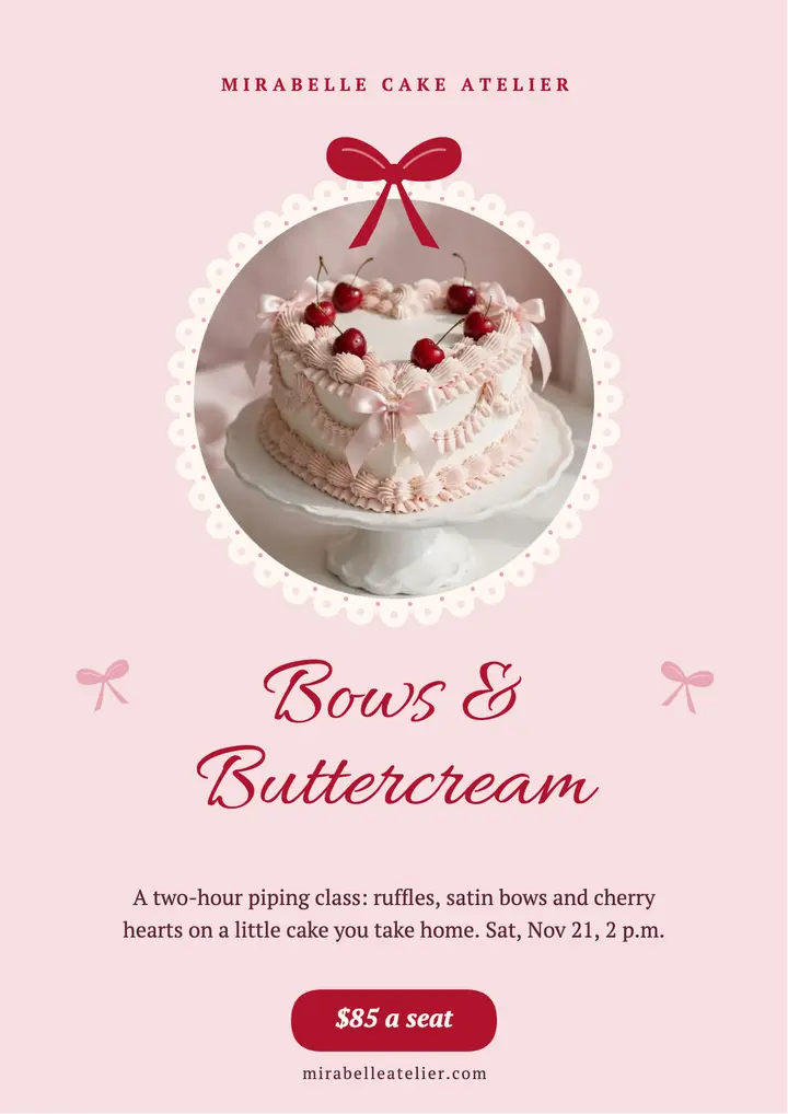 Bows & buttercream cake class flyer template