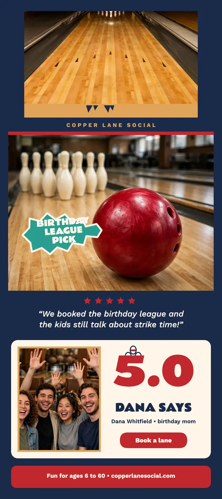 Copper Lane birthday league review card template