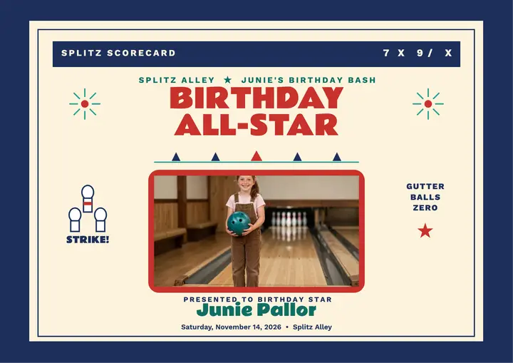 Splitz Alley bowling birthday award: bowling birthday certificate template