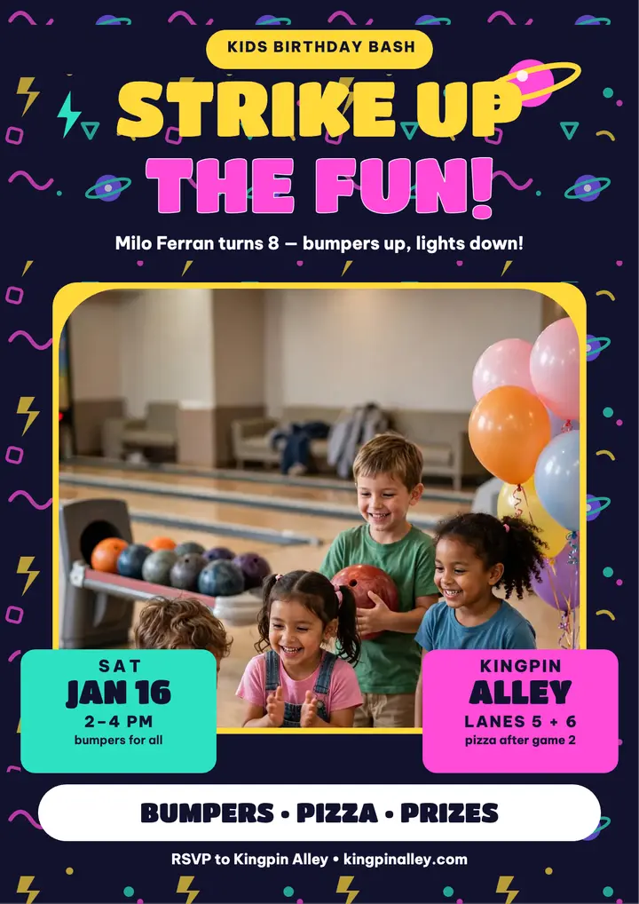 Milo's bowling birthday arcade flyer template