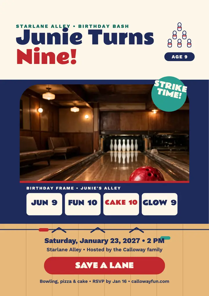 Junie bowling birthday invite template