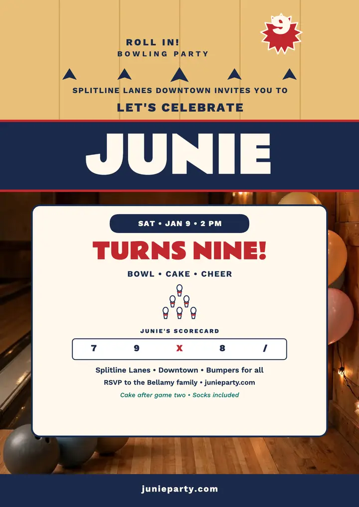 Junie bowling birthday party flyer template