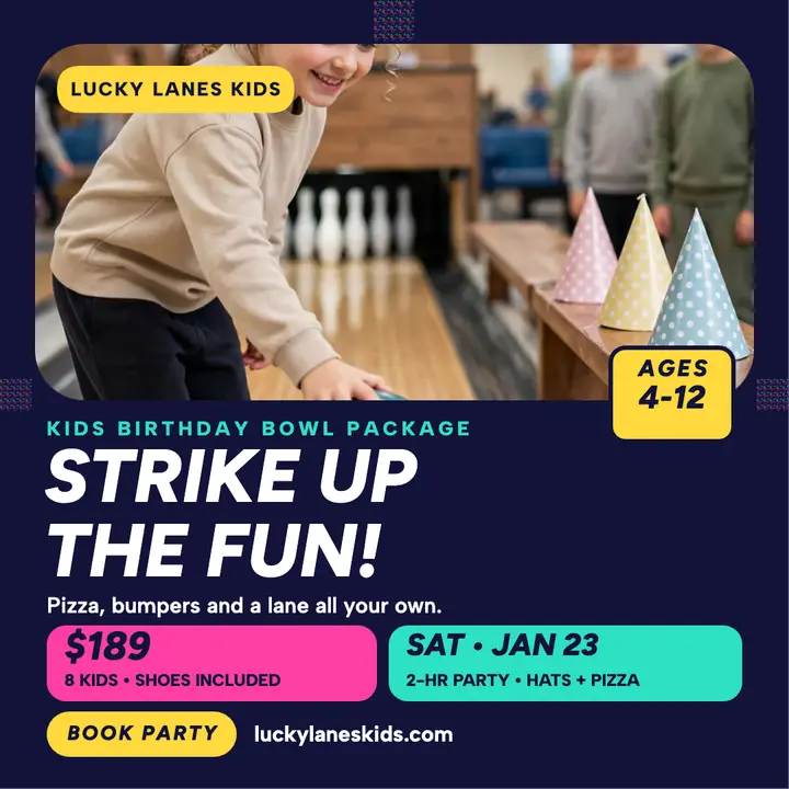 Lucky Lanes kids bowling birthday party post template