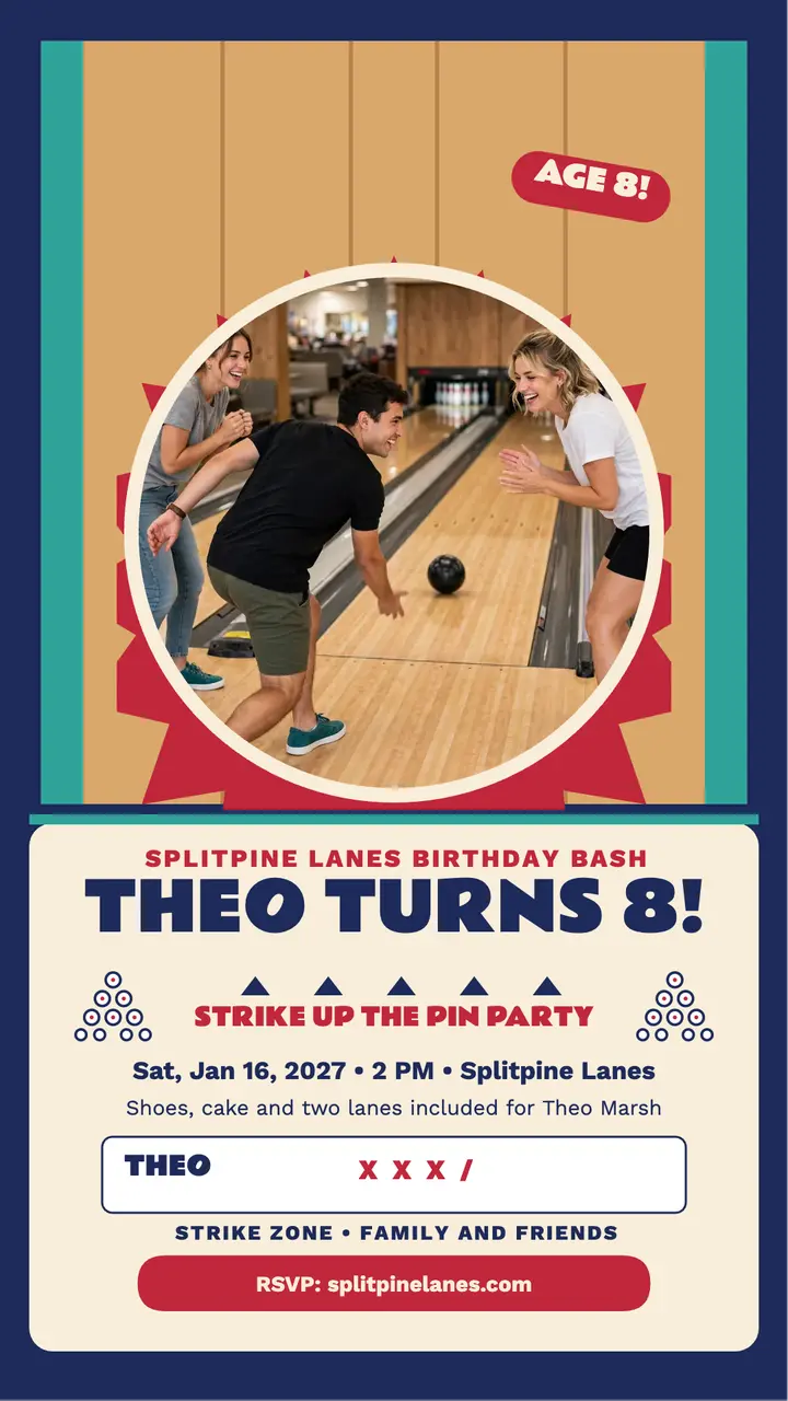 Theo bowling birthday pin party story: bowling birthday invite template