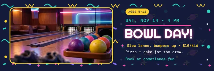Comet Lanes bowling birthday x-header: kids bowling party template