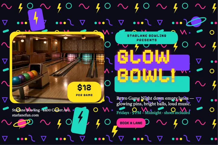 Starlane Bowling retro game night postcard template