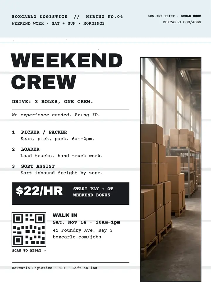 Boxcarlo weekend crew hiring flyer template