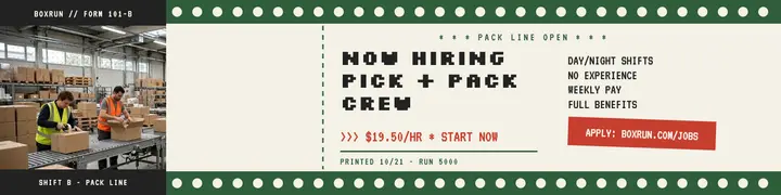 Boxrun packing crew hiring banner: warehouse hiring banner template