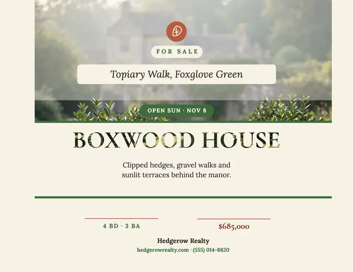 Boxwood House garden estate flyer template