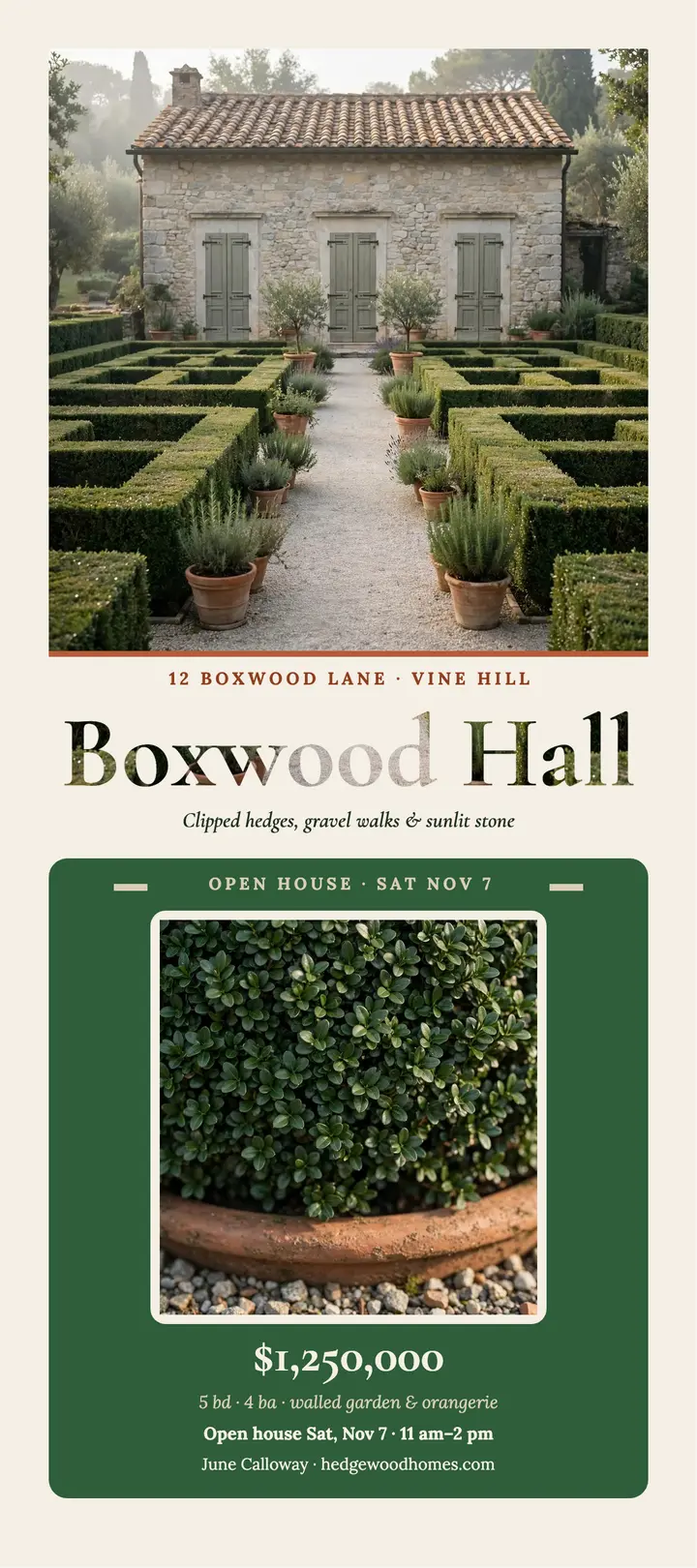 Boxwood Hall garden estate rack card template
