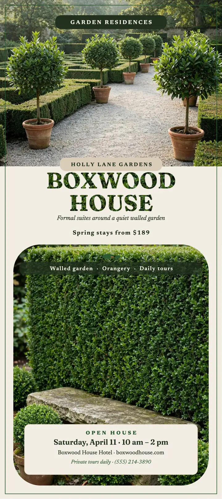 Boxwood House garden hotel rack card template