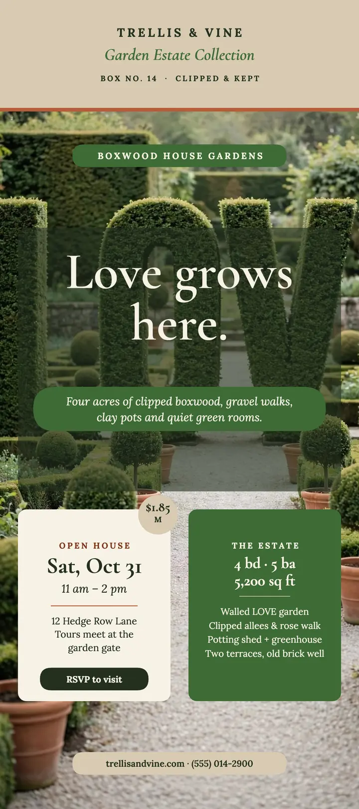 Boxwood House garden estate rack card template