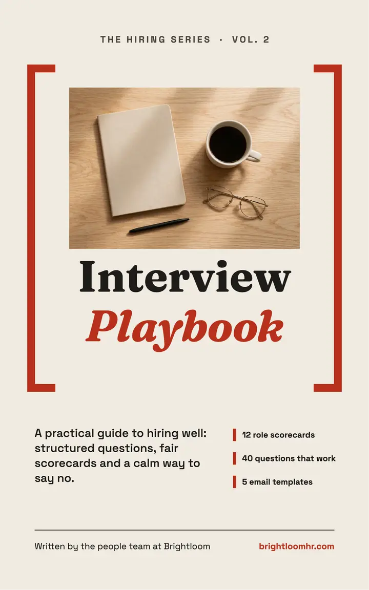 The Interview Playbook eBook cover, bracket framing: hiring guide ebook cover template