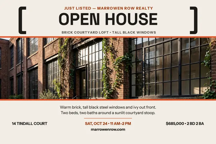 Marrowen Row brick loft open house postcard: open house postcard template