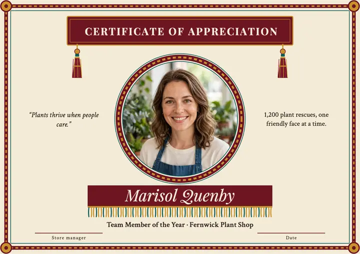 Fernwick team member of the year certificate: employee of the year certificate template