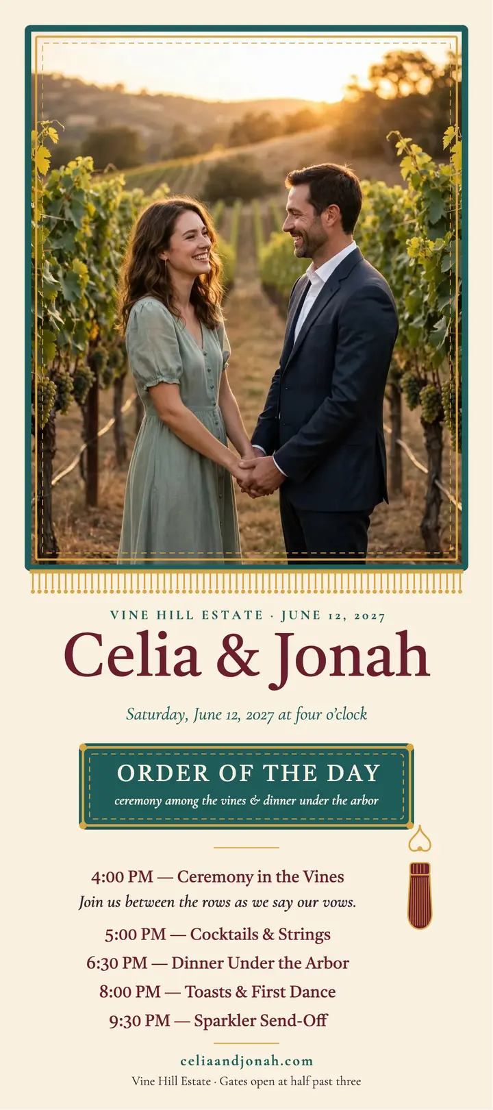 Celia and Jonah vineyard order of day rack card template