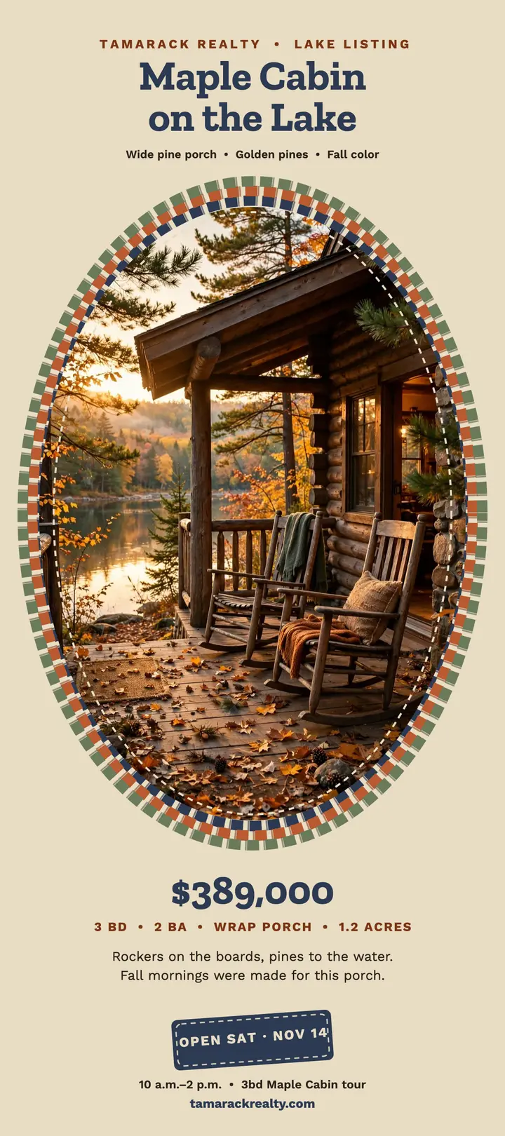 Maple Cabin lakeside listing rack card template
