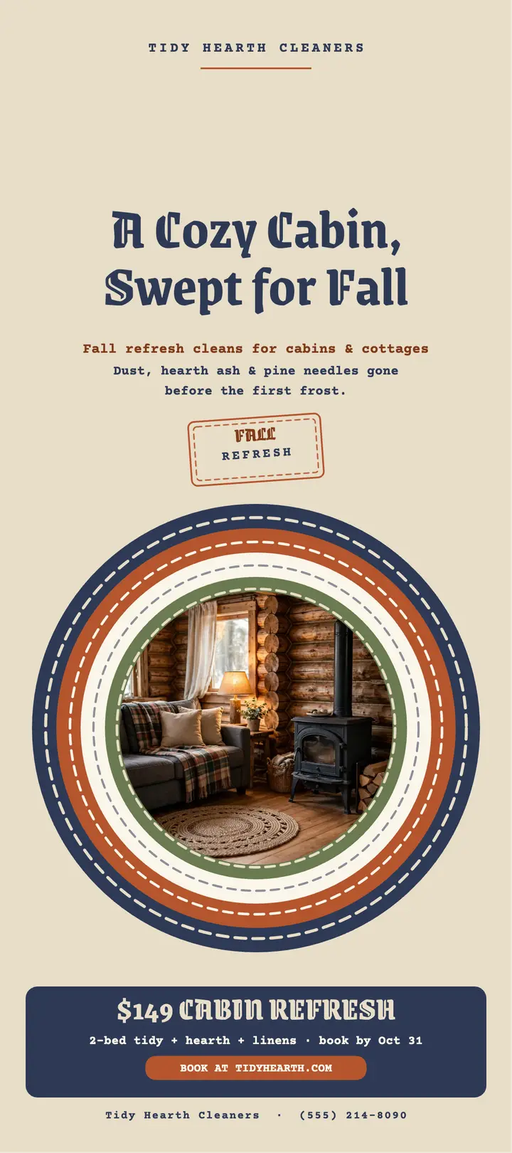 Tidy Hearth cabin refresh rack card: cabin cleaning rack card template