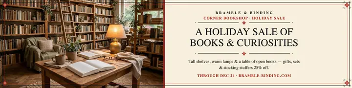 Bramble and Binding holiday sale banner: bookshop sale banner template